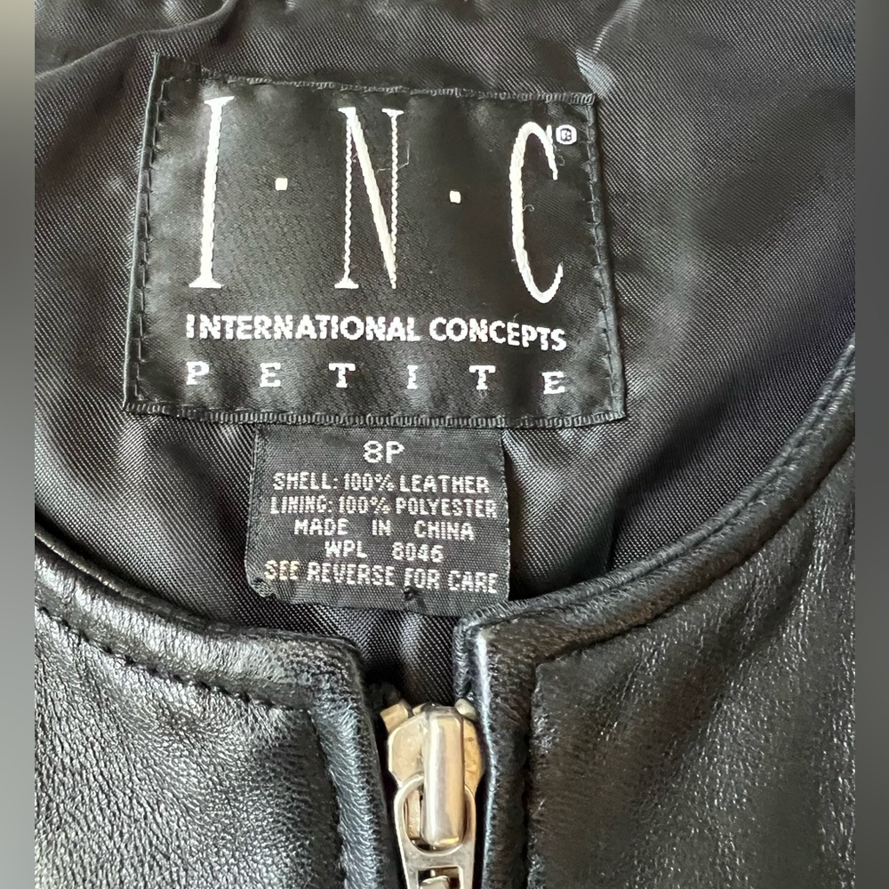 Black 100% Leather Zip-Up Moto Vest, INC International Concepts - Sz 8 Petite - Picture 10 of 13
